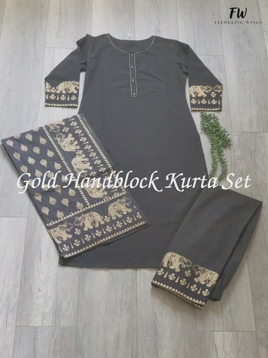 Black & Golden Solid Kurta Dupatta Set