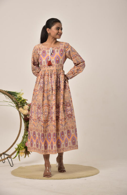 Apricot Orange Block print Long Dress