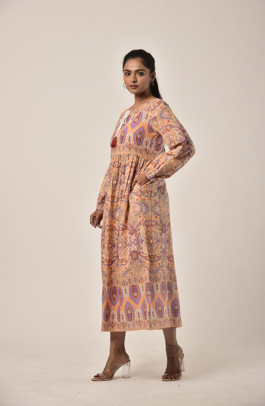 Apricot Orange Block print Long Dress