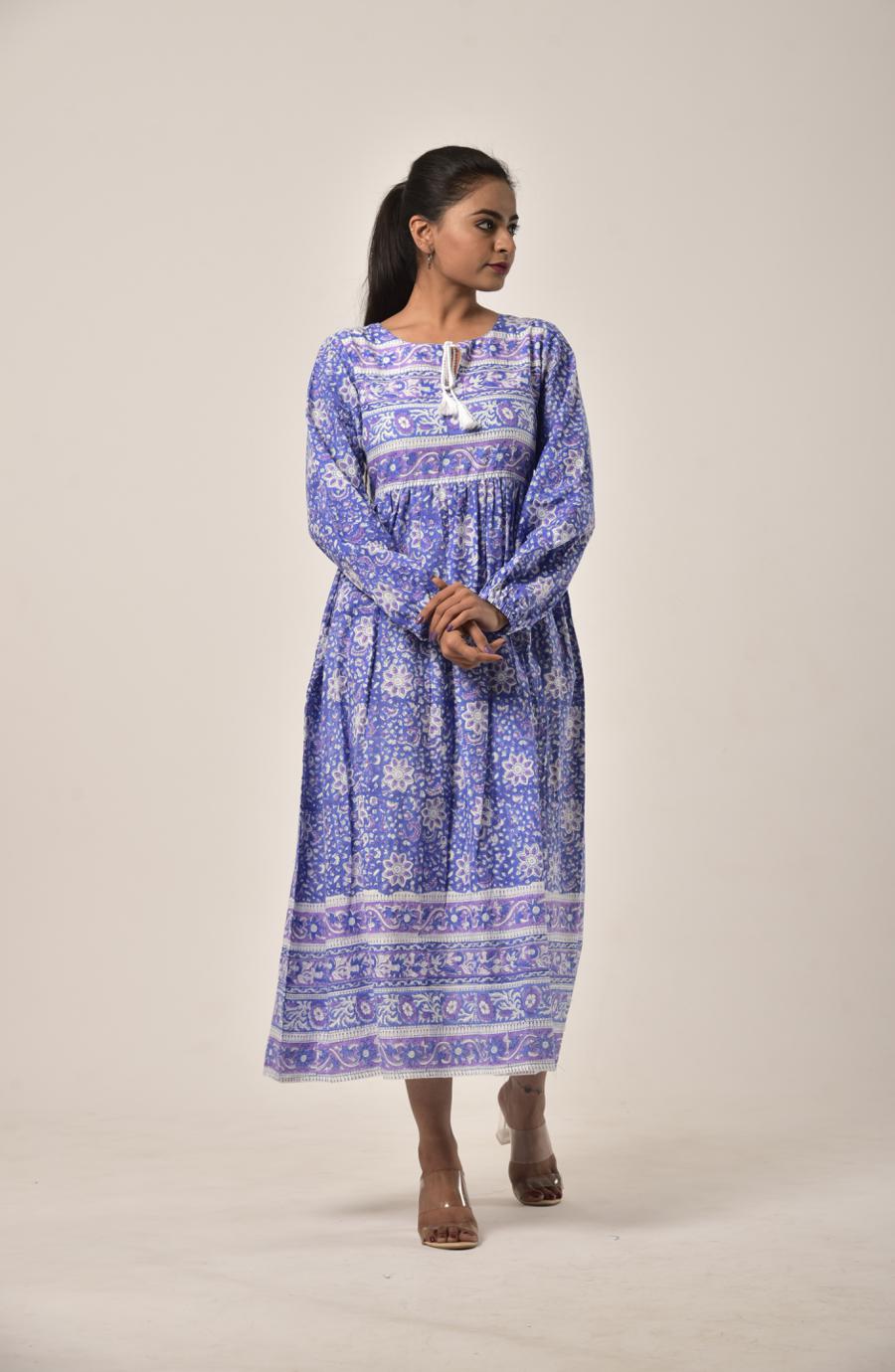 Cobalt Blue Block Print Long Dress