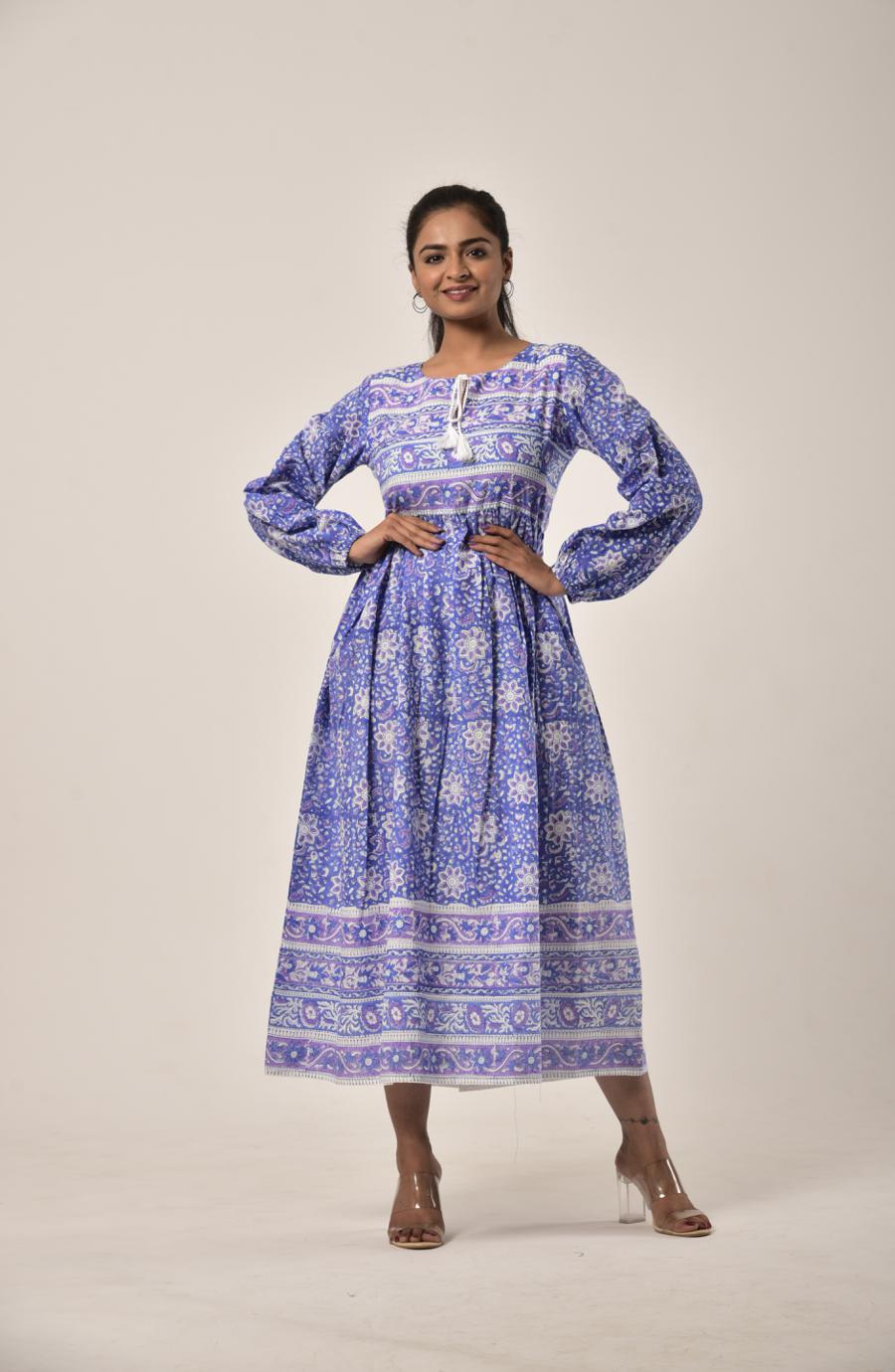 Cobalt Blue Block Print Long Dress