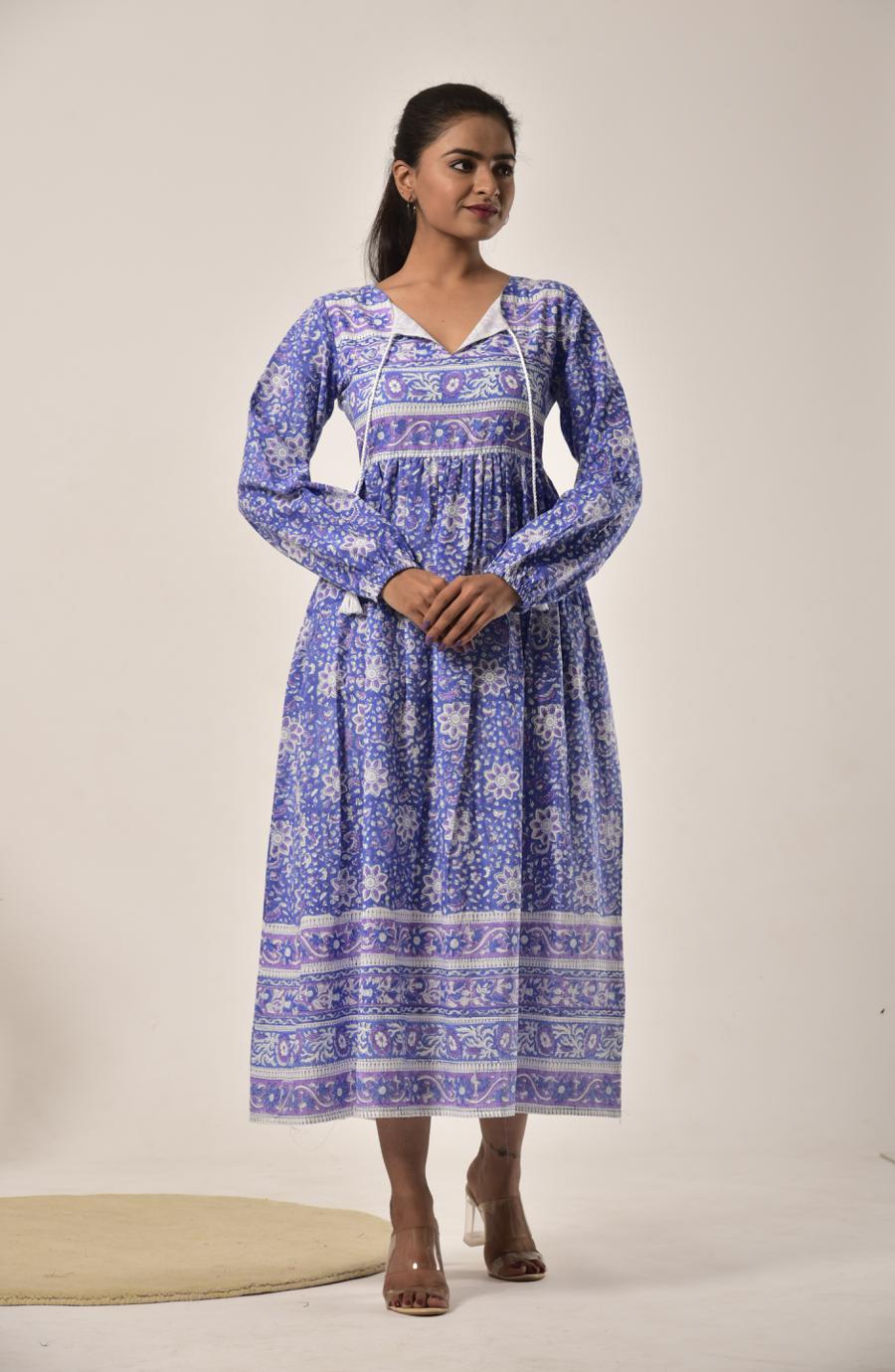 Cobalt Blue Block Print Long Dress