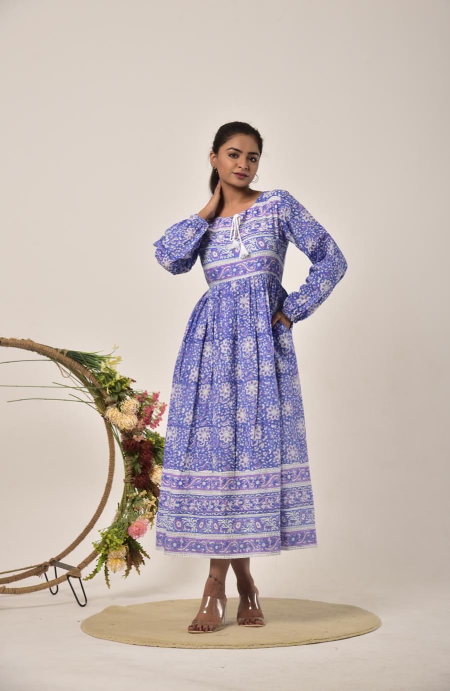 Cobalt Blue Block Print Long Dress