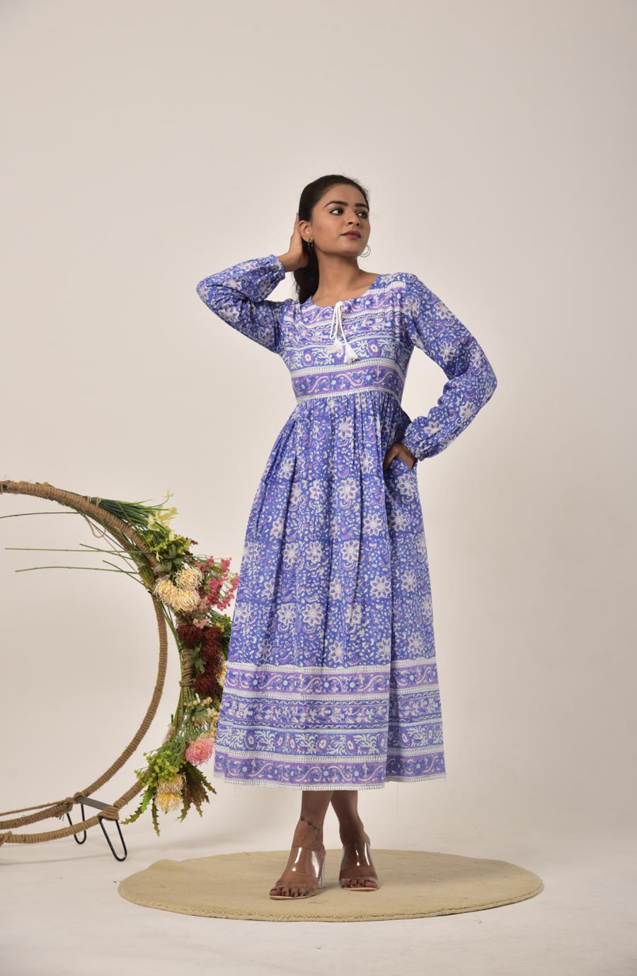 Cobalt Blue Block Print Long Dress