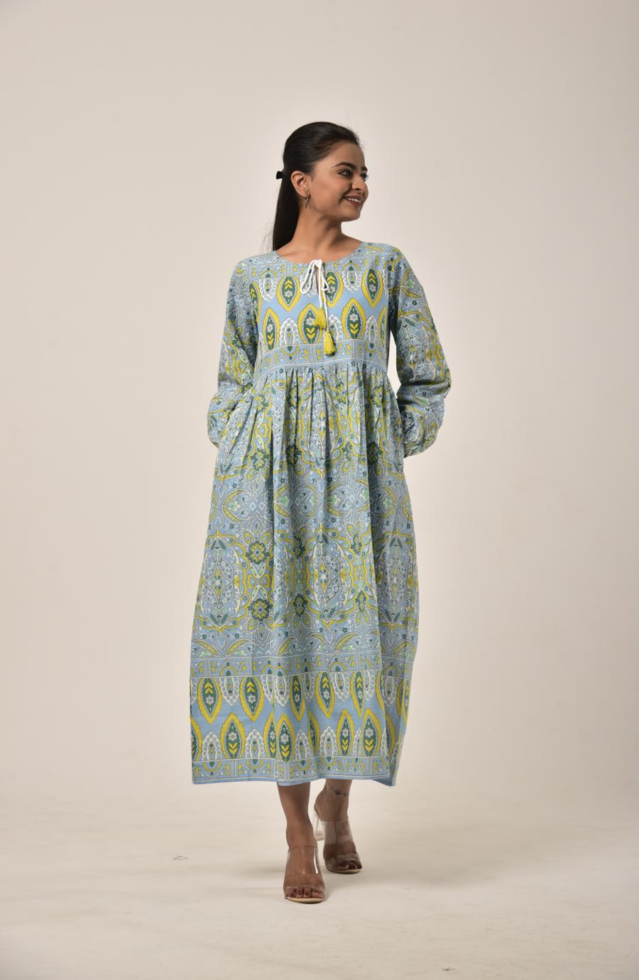 Green Grey Block Print Long Dress