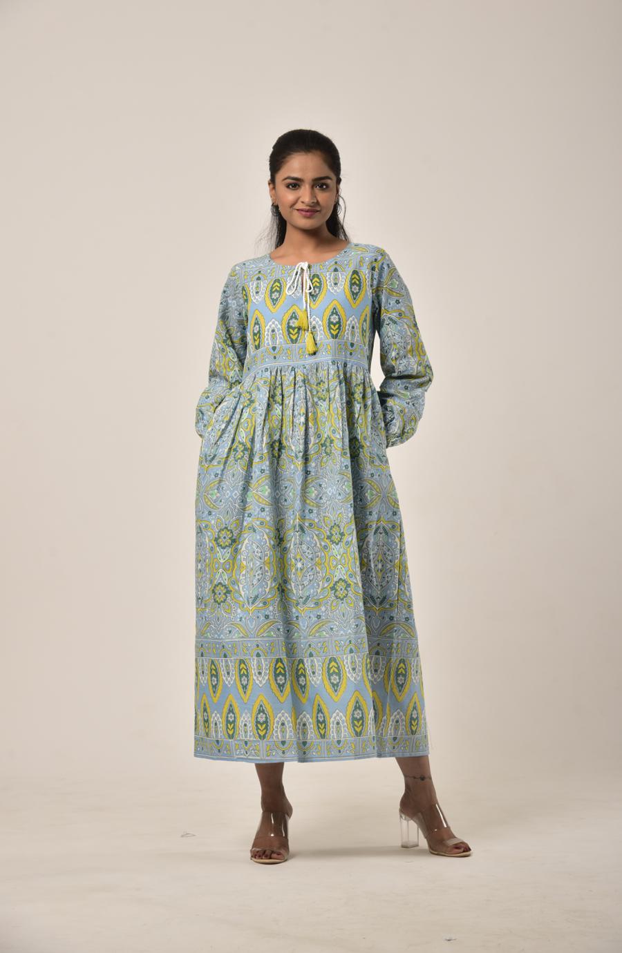 Green Grey Block Print Long Dress