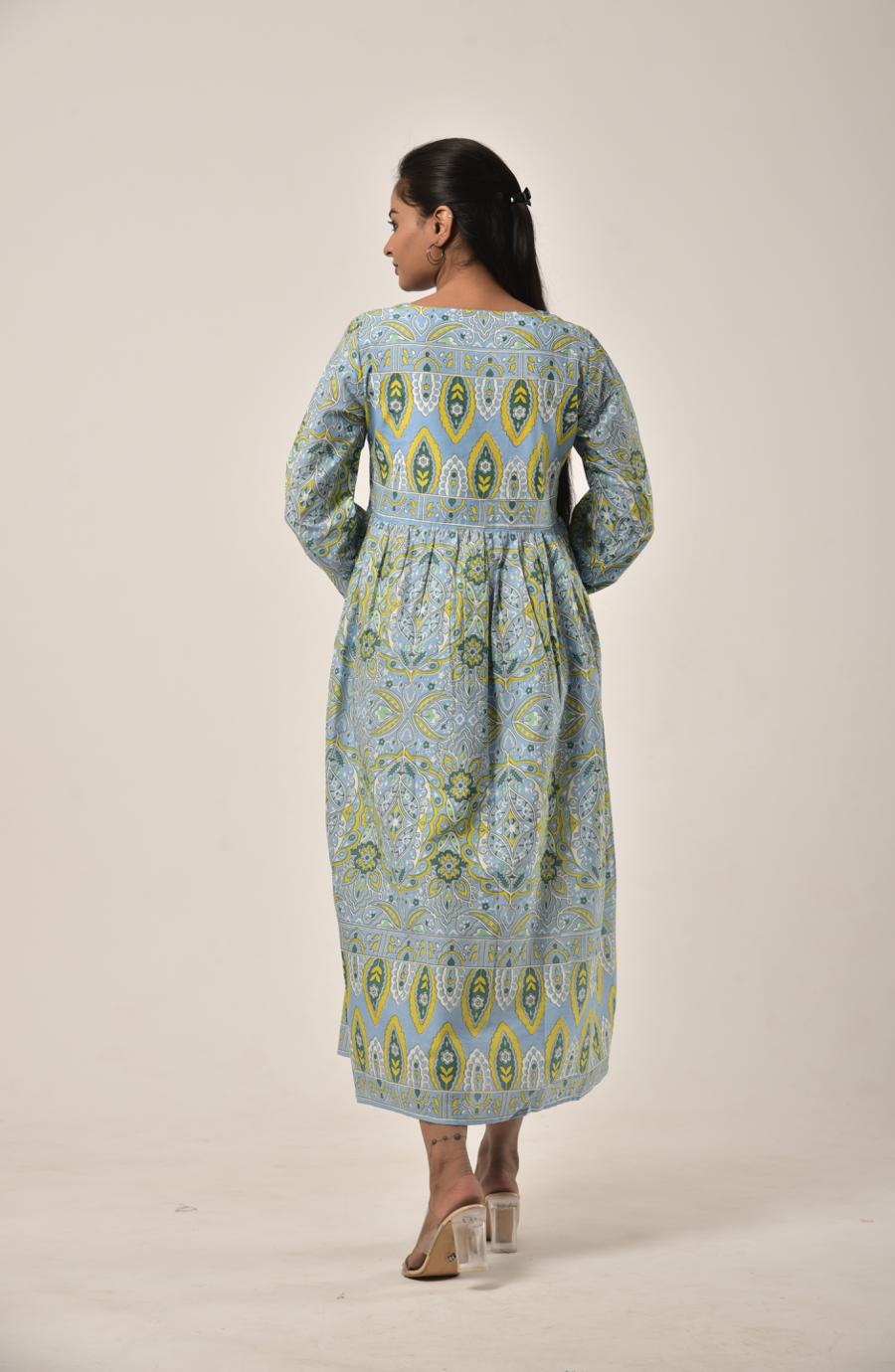 Green Grey Block Print Long Dress