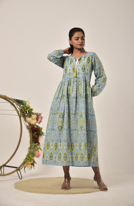 Green Grey Block Print Long Dress