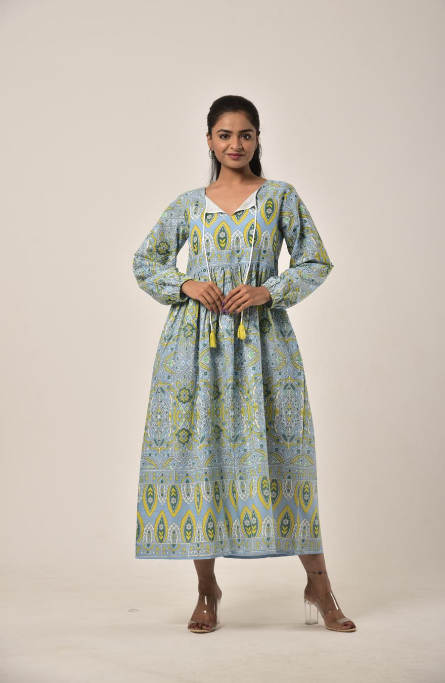 Green Grey Block Print Long Dress