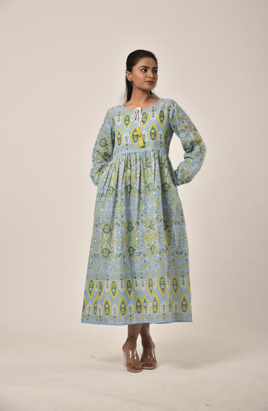 Green Grey Block Print Long Dress