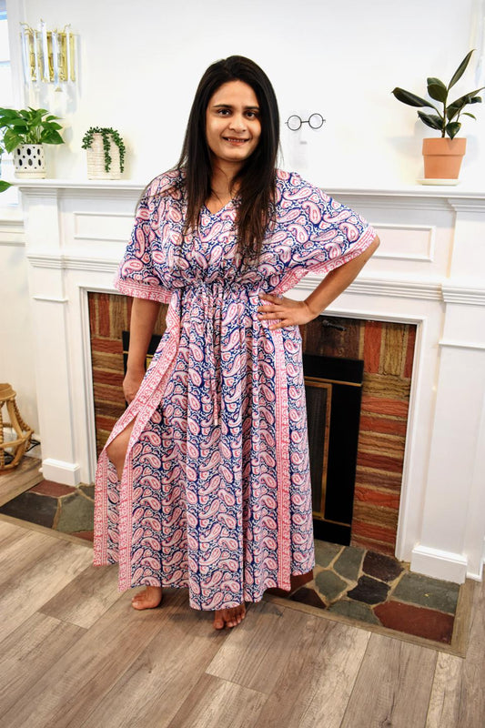 Blue Pink HandBlock Long Caftan