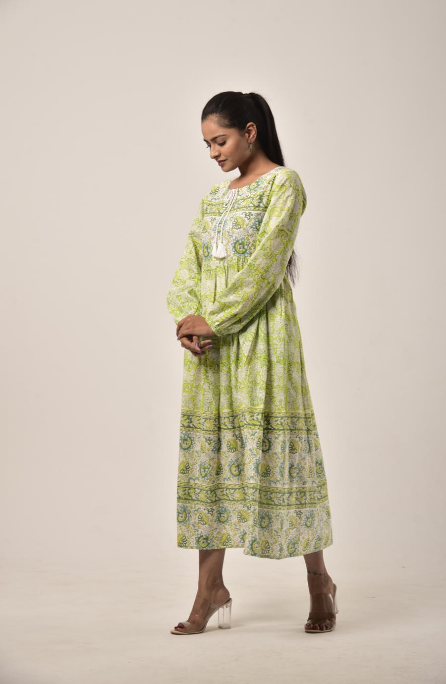 Lime Green Block Print Long Dress