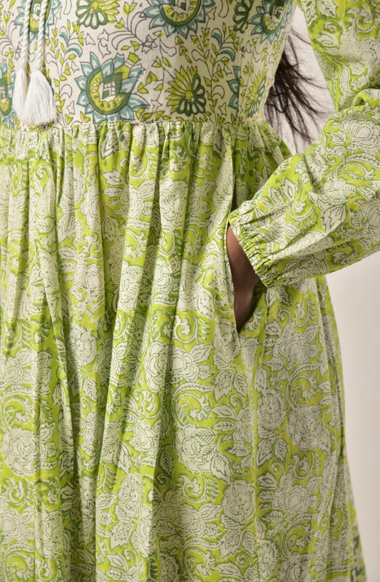 Lime Green Block Print Long Dress