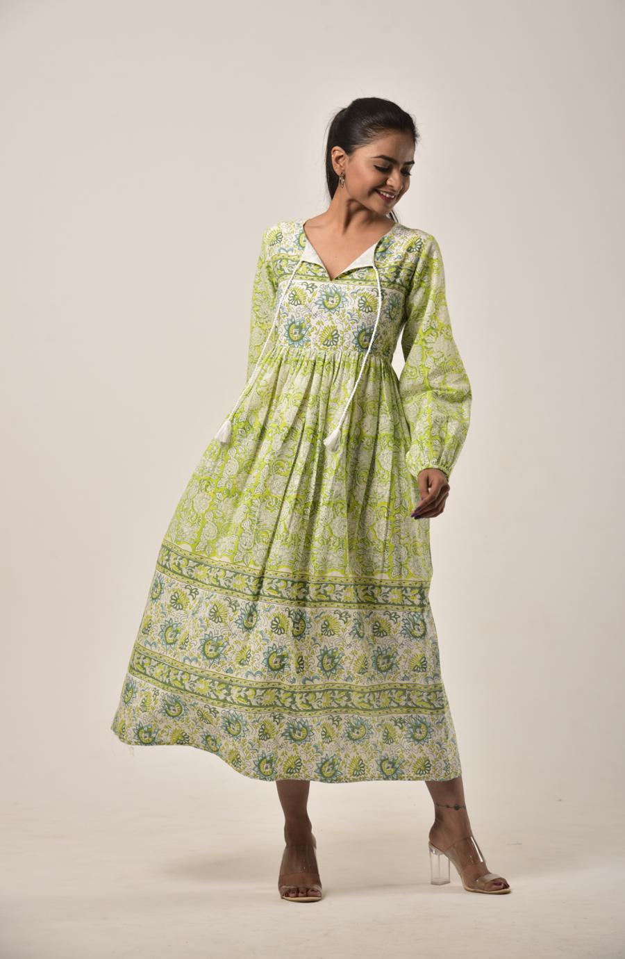 Lime Green Block Print Long Dress