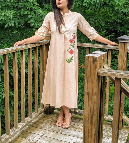 light-peach-madarin-collar-dress-with-front-placket--10204102PC, Women Clothing, Cotton Dress