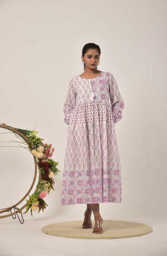 Rose Pink Block Print Long Dress