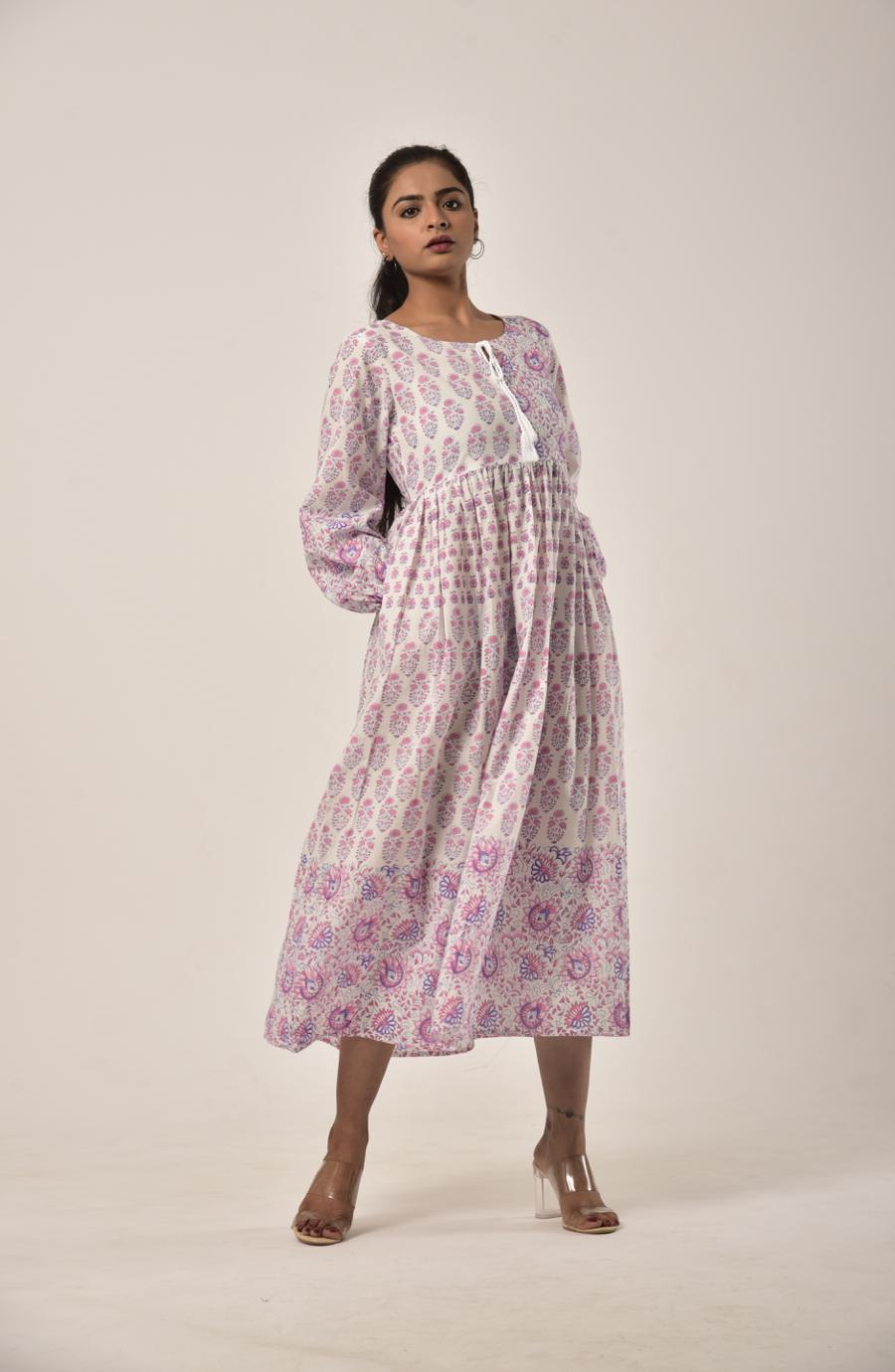 Rose Pink Block Print Long Dress