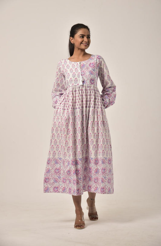 Rose Pink Block Print Long Dress