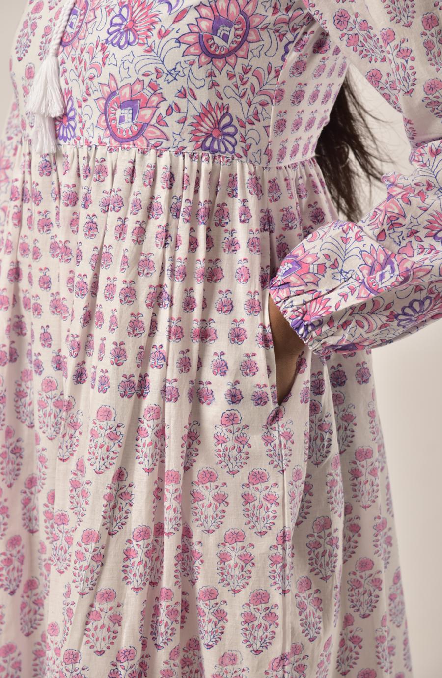 Rose Pink Block Print Long Dress