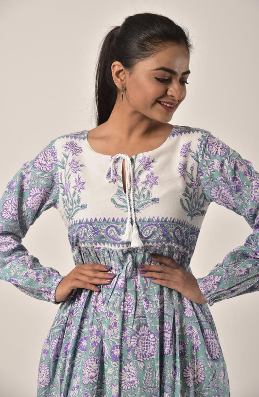 Sage Green Block Print Long Dress