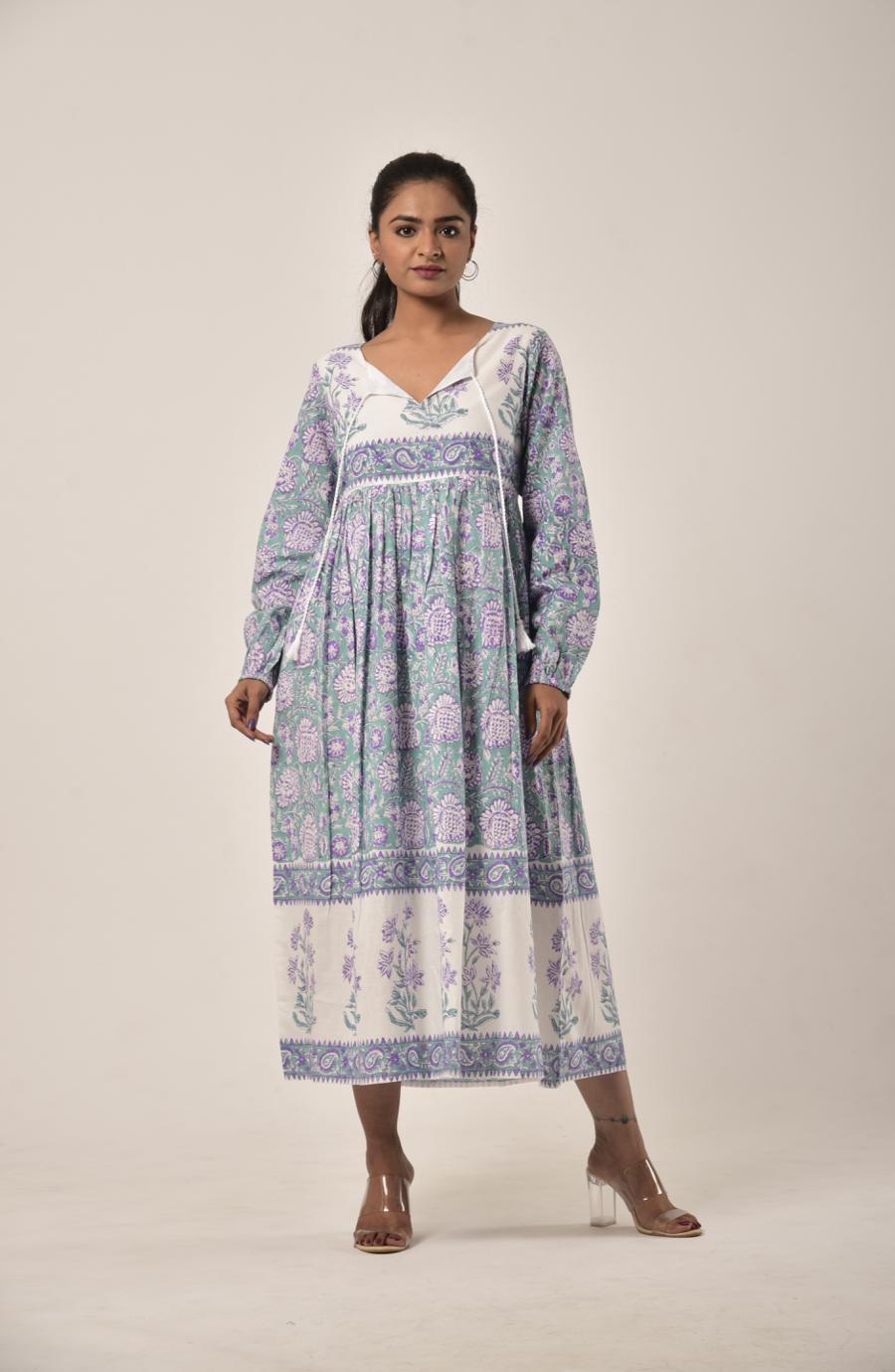 Sage Green Block Print Long Dress