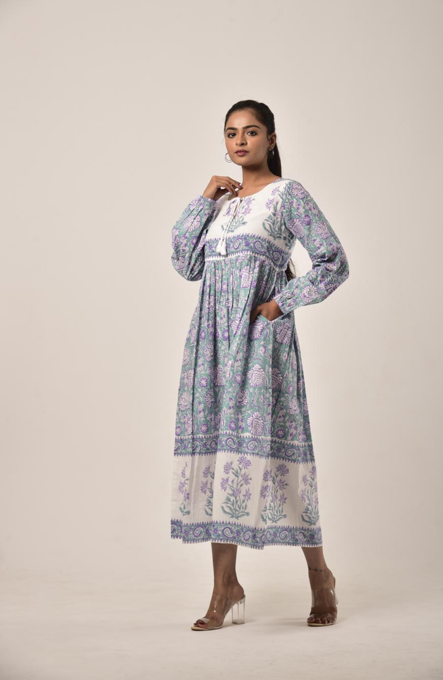 Sage Green Block Print Long Dress