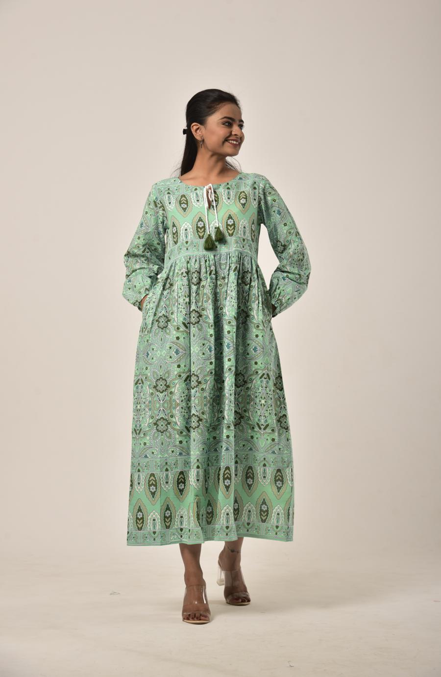Sap Green Block Print Long Dress
