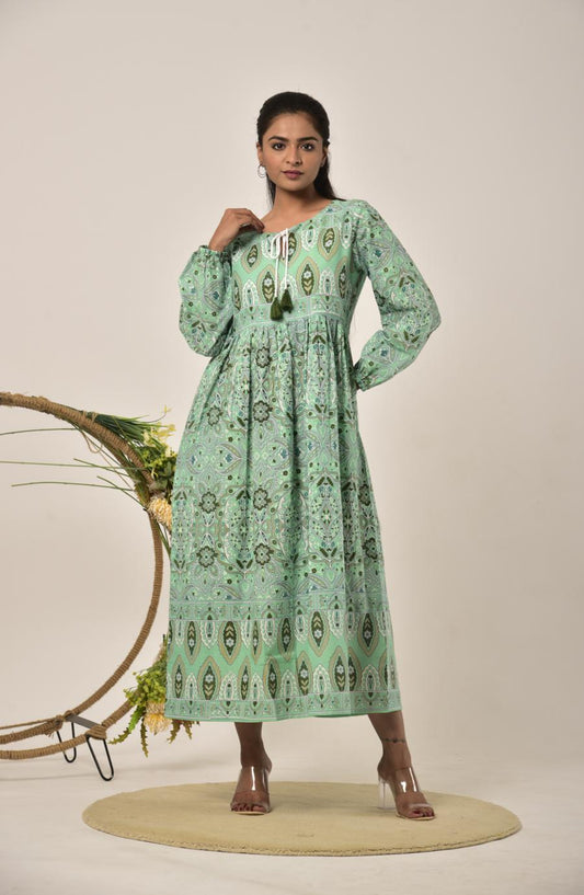Sap Green Block Print Long Dress