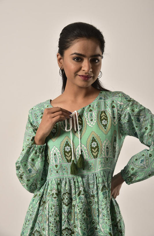 Sap Green Block Print Long Dress