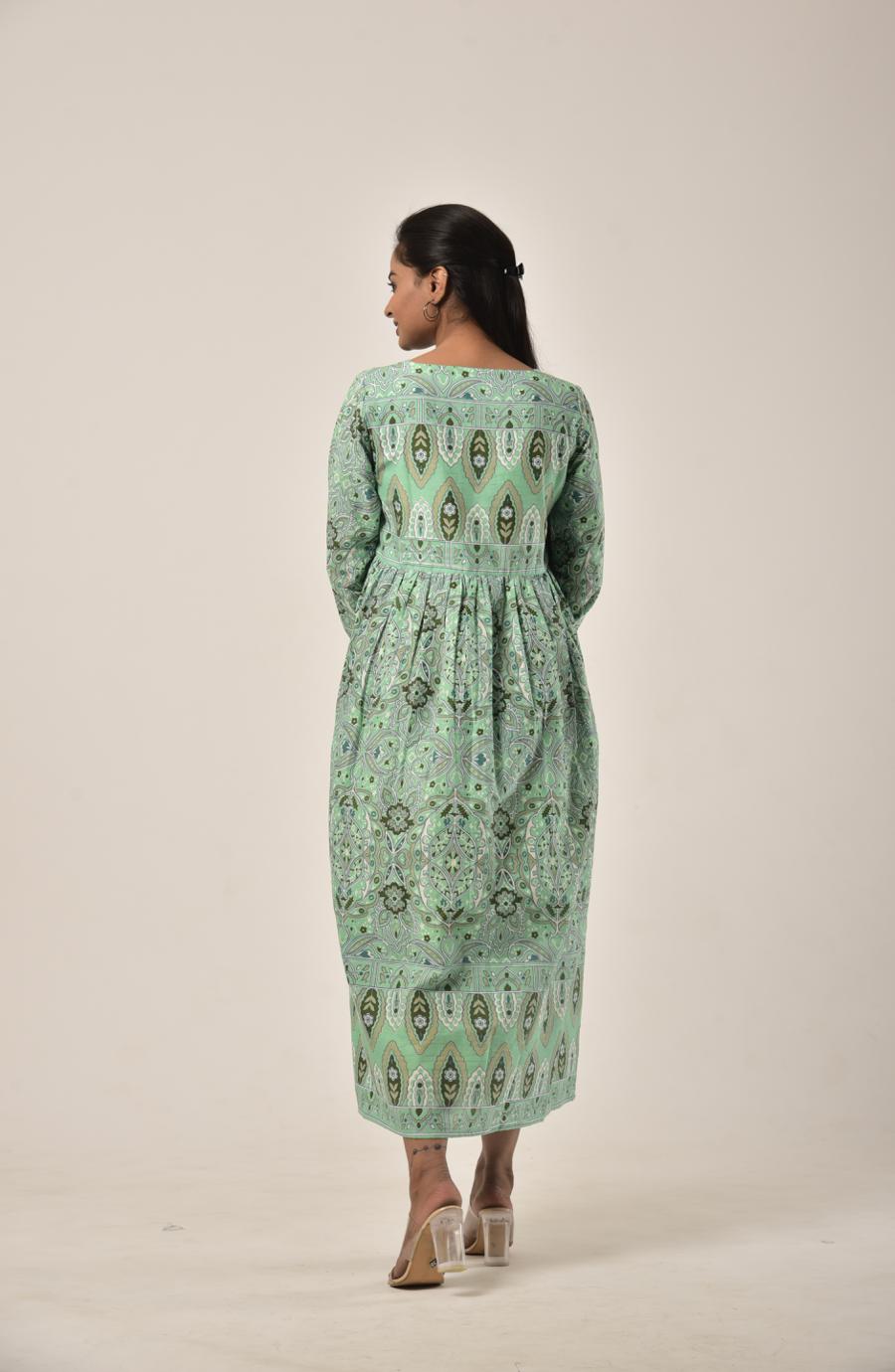 Sap Green Block Print Long Dress