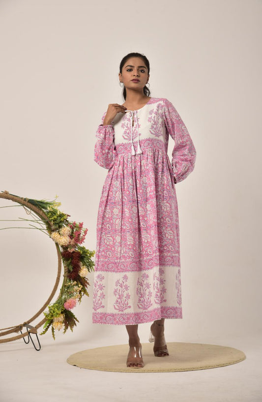 Watermelon Pink Block Print Long Dress