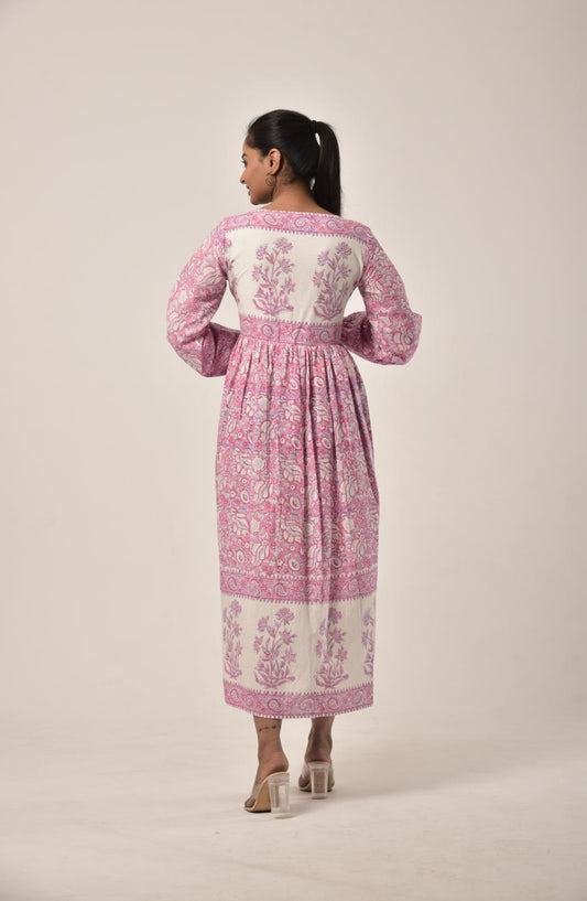 Watermelon Pink Block Print Long Dress