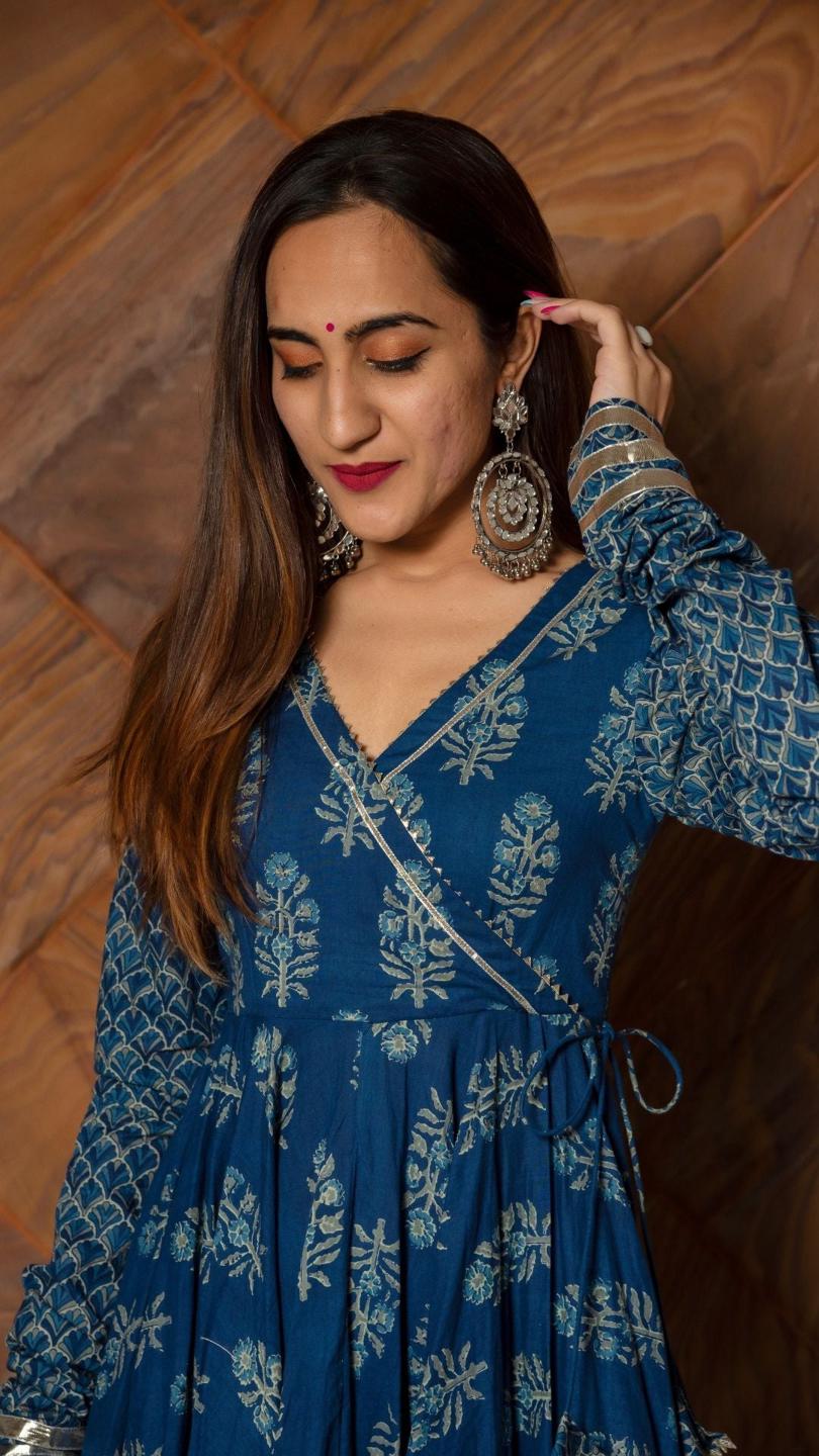 aadvika-blue-hand-block-cotton-anarkali-set-11403042BL, Women Indian Ethnic Clothing, Cotton Kurta Set Dupatta