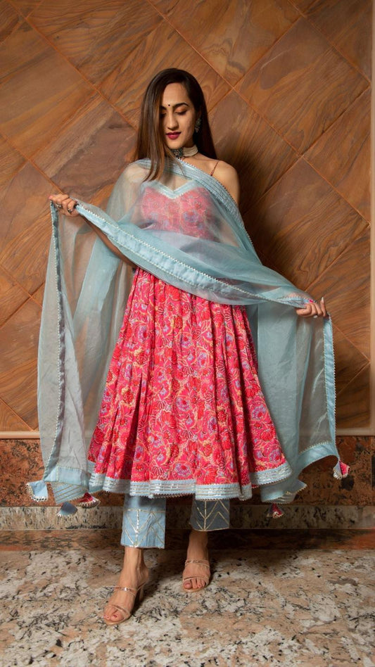 adhya-floral-hand-block-pure-cotton-anarkali-set-11403040PK, Women Indian Ethnic Clothing, Cotton Kurta Set Dupatta