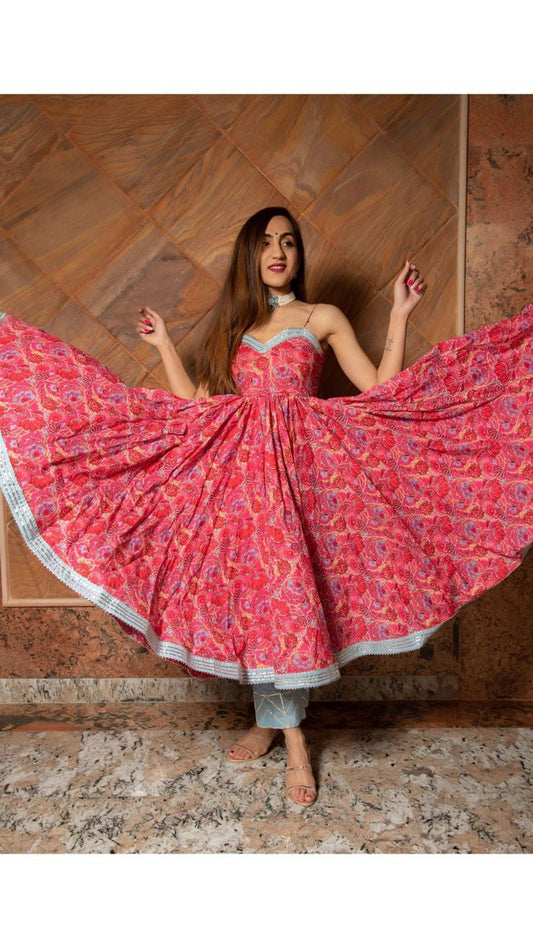 adhya-floral-hand-block-pure-cotton-anarkali-set-11403040PK, Women Indian Ethnic Clothing, Cotton Kurta Set Dupatta