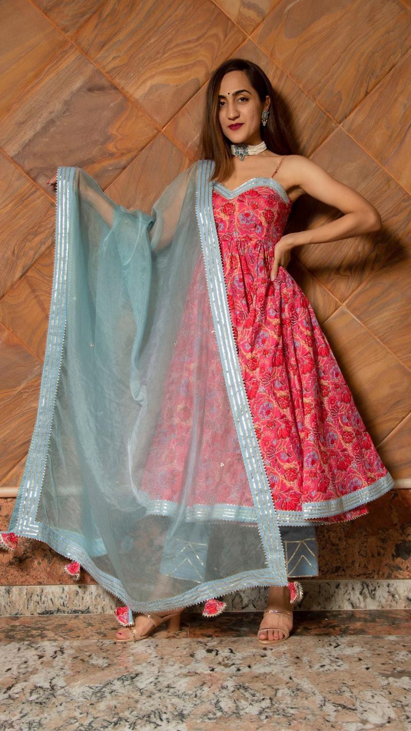 adhya-floral-hand-block-pure-cotton-anarkali-set-11403040PK, Women Indian Ethnic Clothing, Cotton Kurta Set Dupatta