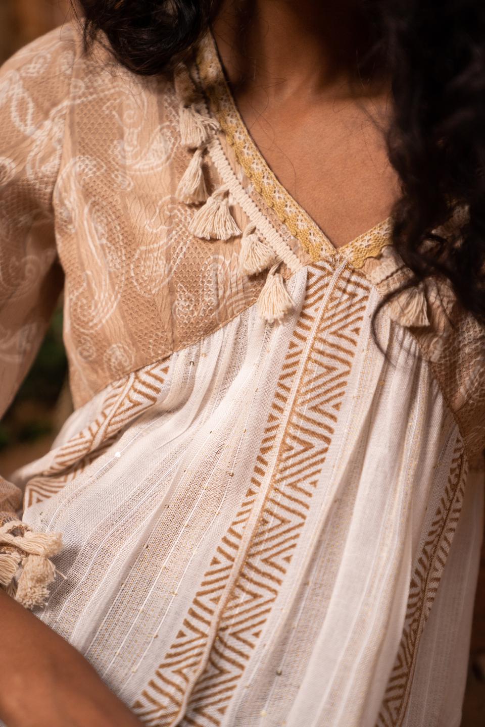 afro-beige-and-white-dress-11804012BG, Women Clothing, Rayon Dress