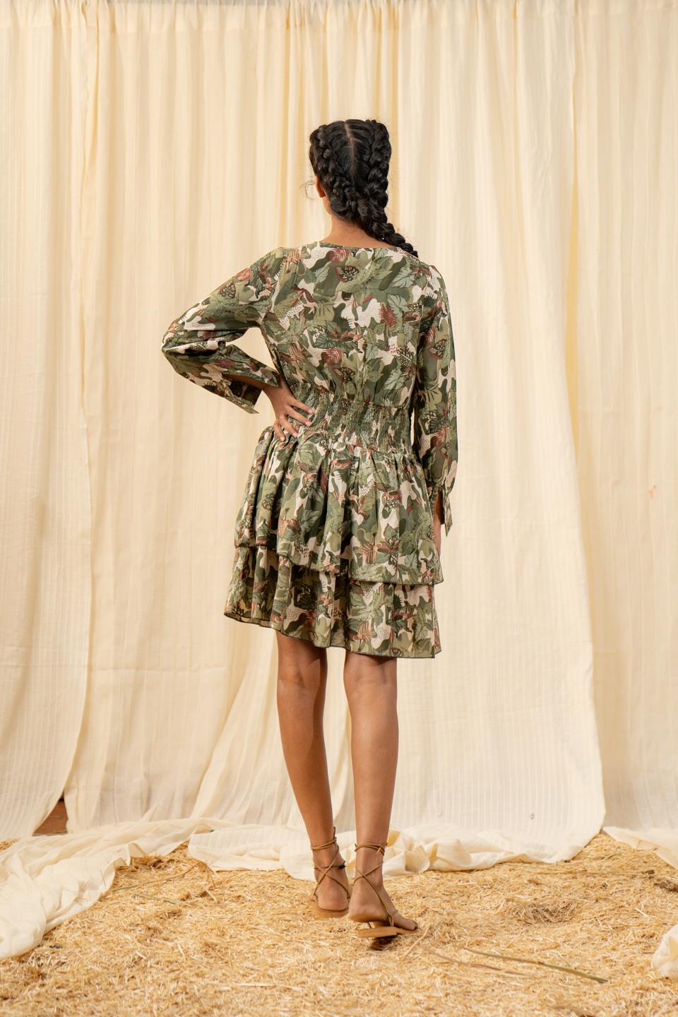 afro-olive-tiered-dress-11804024GR, Women Clothing, Rayon Dress