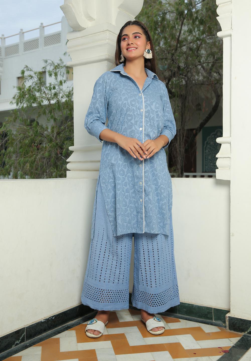 airy-blue-shirt-kurta-with-flared-pant-set-11702063BL, Women Indian Ethnic Clothing, Cotton Kurta Set