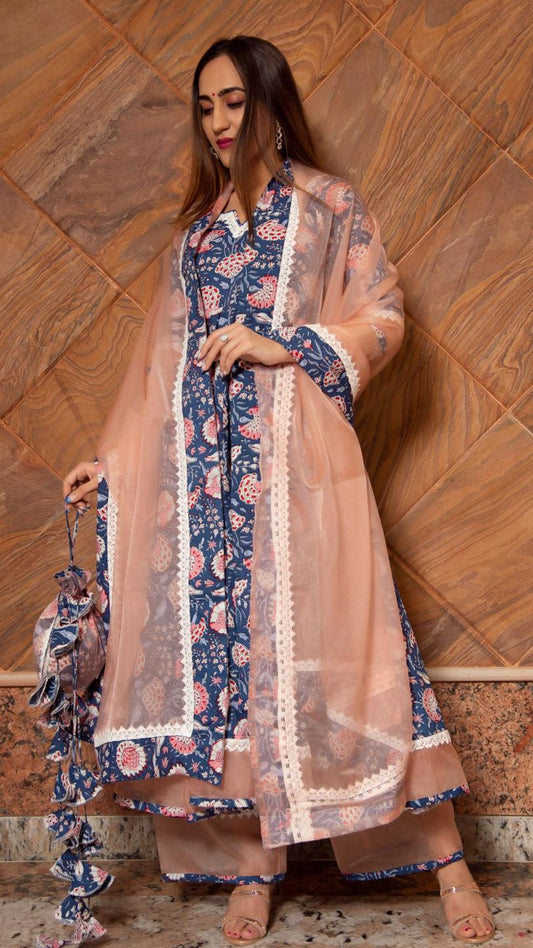 ambar-cotton-anarkali-set-11403043BL, Women Indian Ethnic Clothing, Cotton Kurta Set Dupatta