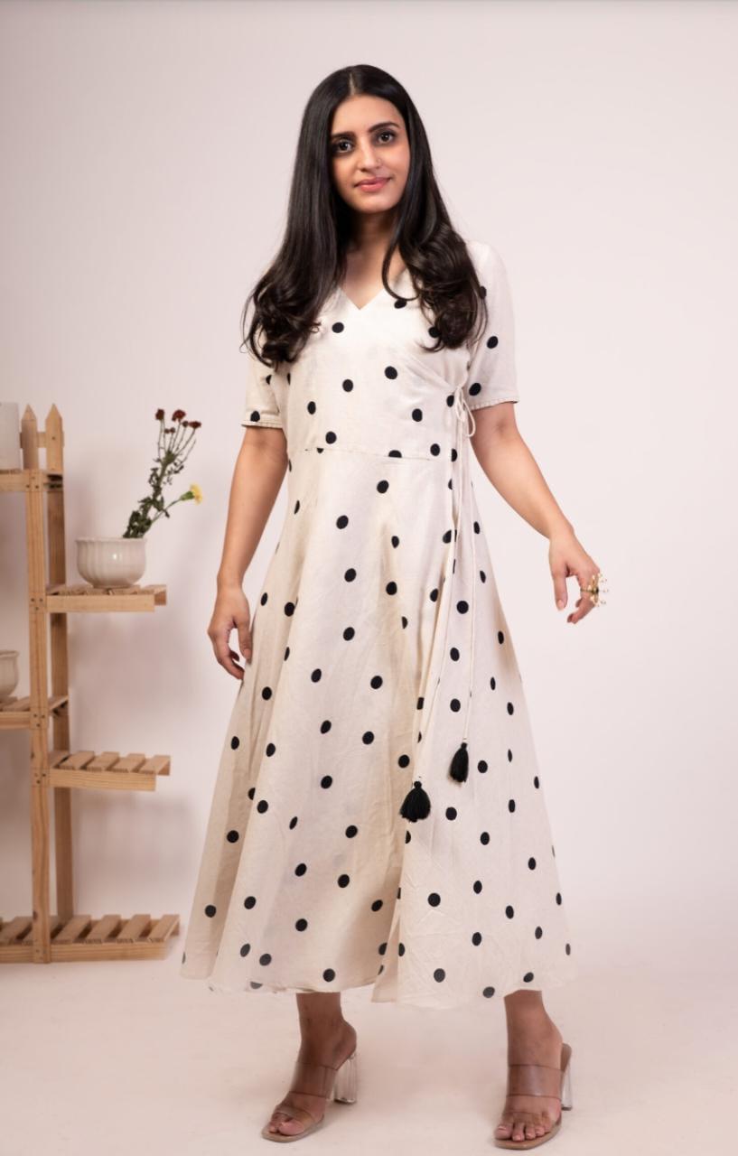 anarkali-polka-dots-dress-11604033WH, Women Clothing, Cotton Dress