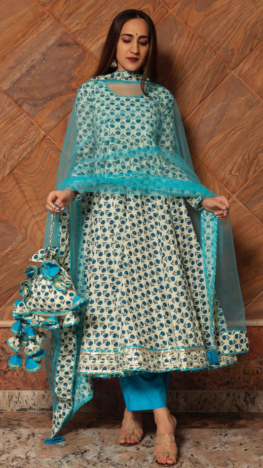 anokhi-cotton-hand-block-print-anarkali-set-11403044CR, Women Indian Ethnic Clothing, Cotton Kurta Set Dupatta
