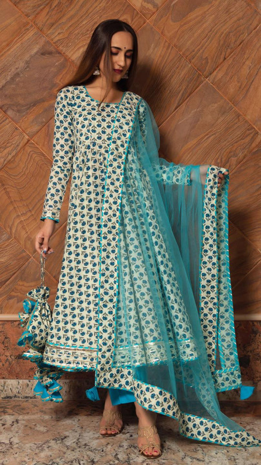anokhi-cotton-hand-block-print-anarkali-set-11403044CR, Women Indian Ethnic Clothing, Cotton Kurta Set Dupatta