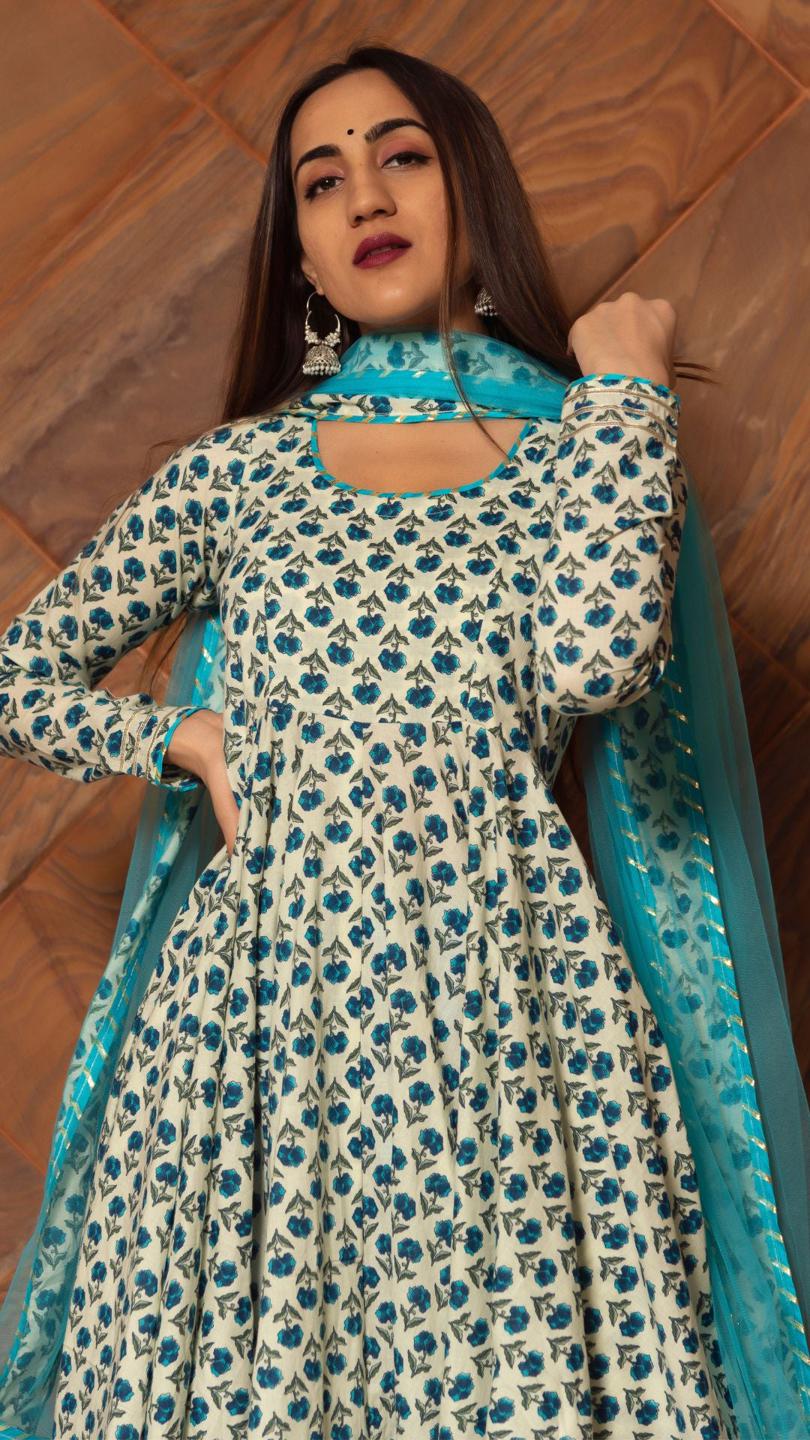 anokhi-cotton-hand-block-print-anarkali-set-11403044CR, Women Indian Ethnic Clothing, Cotton Kurta Set Dupatta