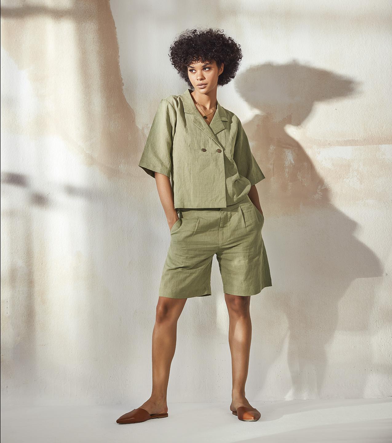 apple-green-linen-shirt-with-bermuda-shorts-co-ord-set-11940094GR, Women Clothing, Linen Matching Set