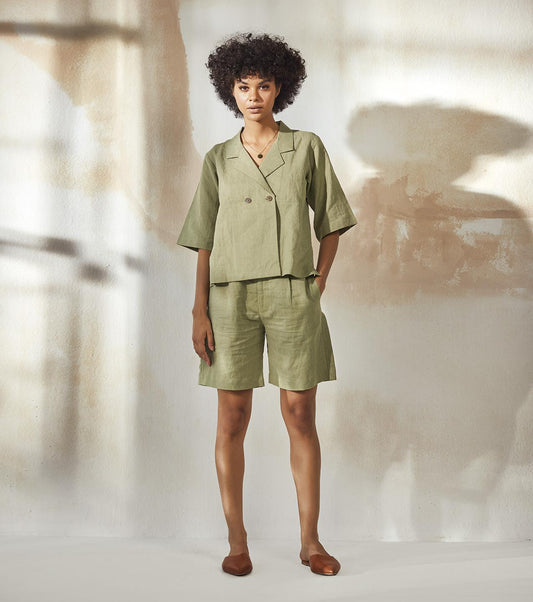 apple-green-linen-shirt-with-bermuda-shorts-co-ord-set-11940094GR, Women Clothing, Linen Matching Set