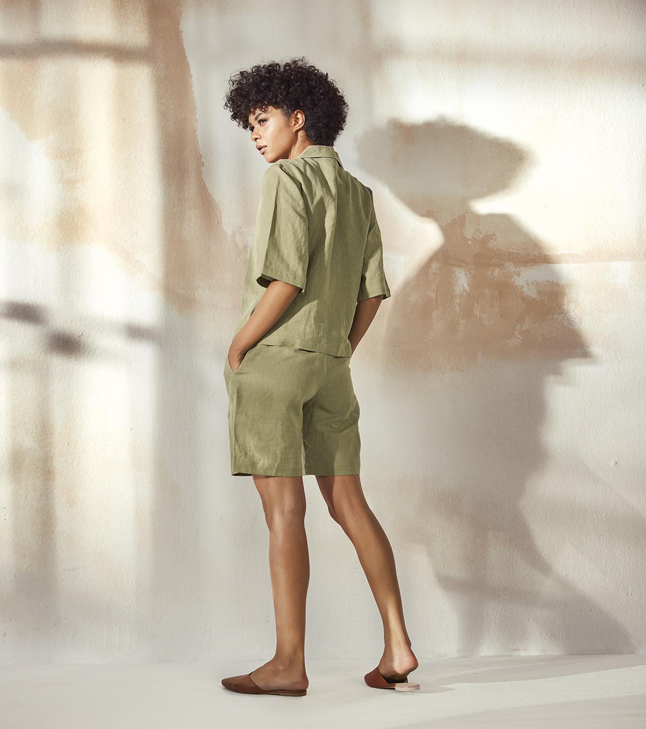apple-green-linen-shirt-with-bermuda-shorts-co-ord-set-11940094GR, Women Clothing, Linen Matching Set