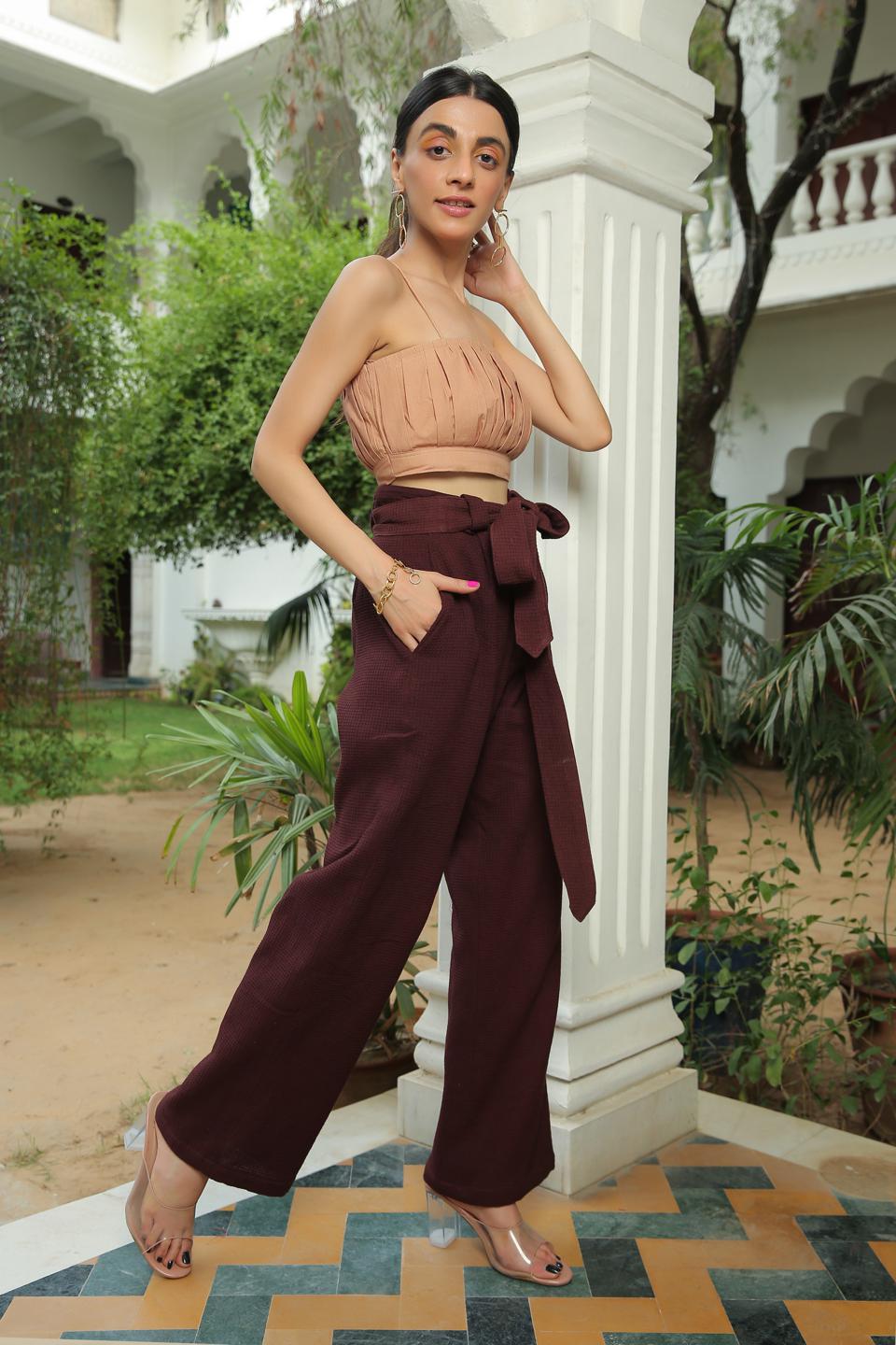 apricot-ice-pleated-top-with-coffee-brown-waffle-cotton-pant-set-11740054OR, Women Clothing, Cotton Matching Set
