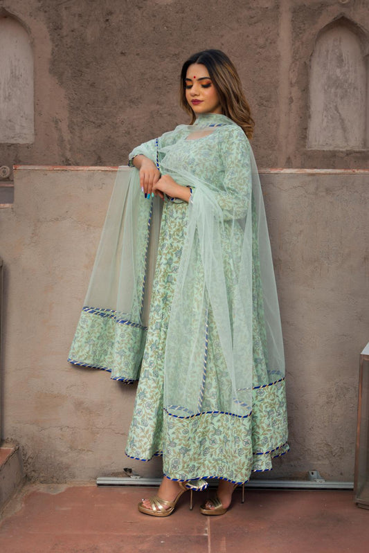 aqua-green-hand-block-print-anarkali-set-11403006GR, Women Indian Ethnic Clothing, Cotton Kurta Set Dupatta