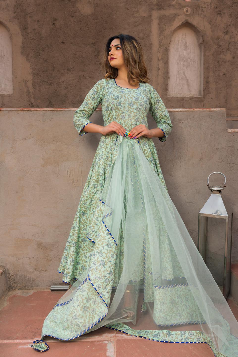aqua-green-hand-block-print-anarkali-set-11403006GR, Women Indian Ethnic Clothing, Cotton Kurta Set Dupatta